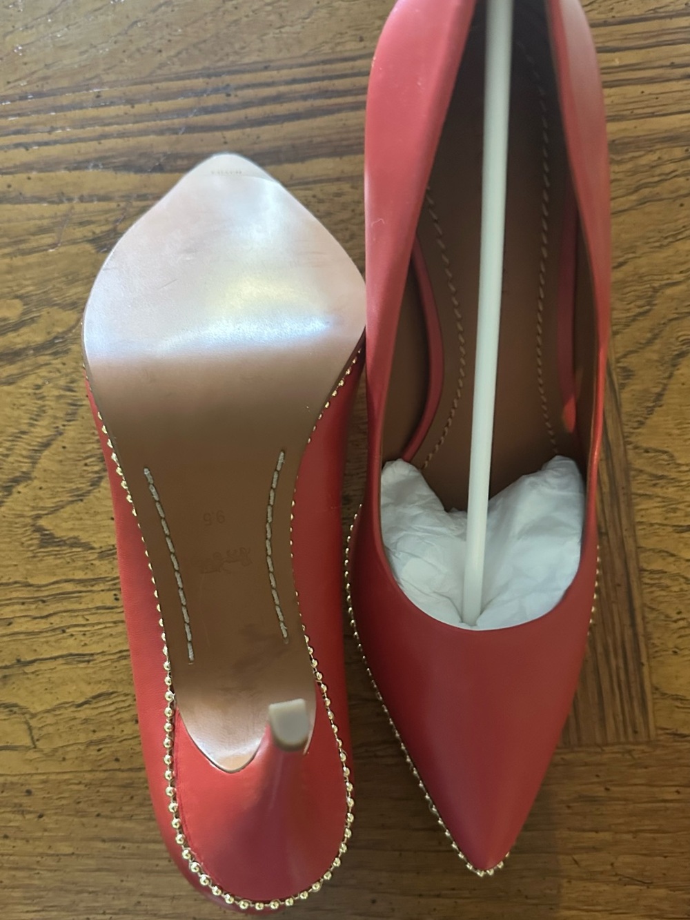 Coach Red Pointed-Toe High Heels with Gold Bead Trim